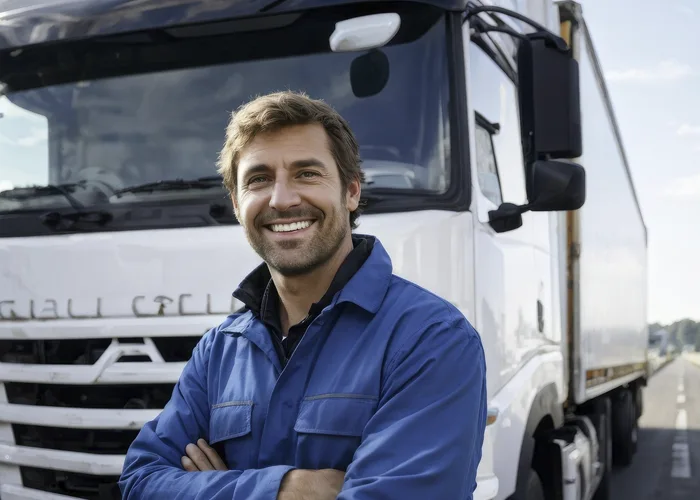 Motorista parceiro sorrindo ao lado do caminhão